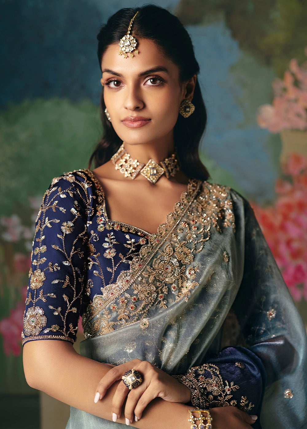 Shades Of Blue Designer Saree in Tissue Fabric with Hand Embroidery