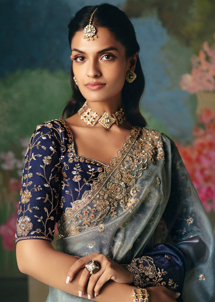 Shades Of Blue Designer Saree in Tissue Fabric with Hand Embroidery