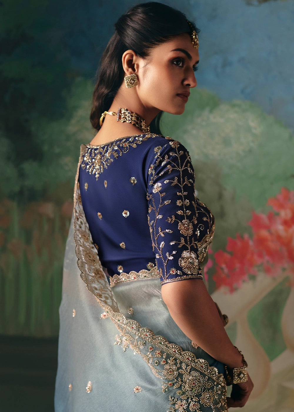 Shades Of Blue Designer Saree in Tissue Fabric with Hand Embroidery