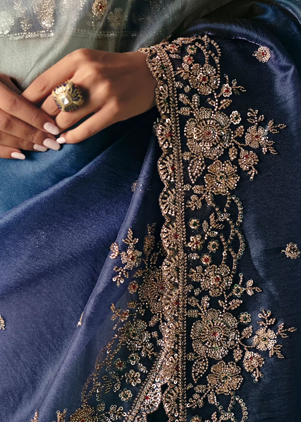 Shades Of Blue Designer Saree in Tissue Fabric with Hand Embroidery