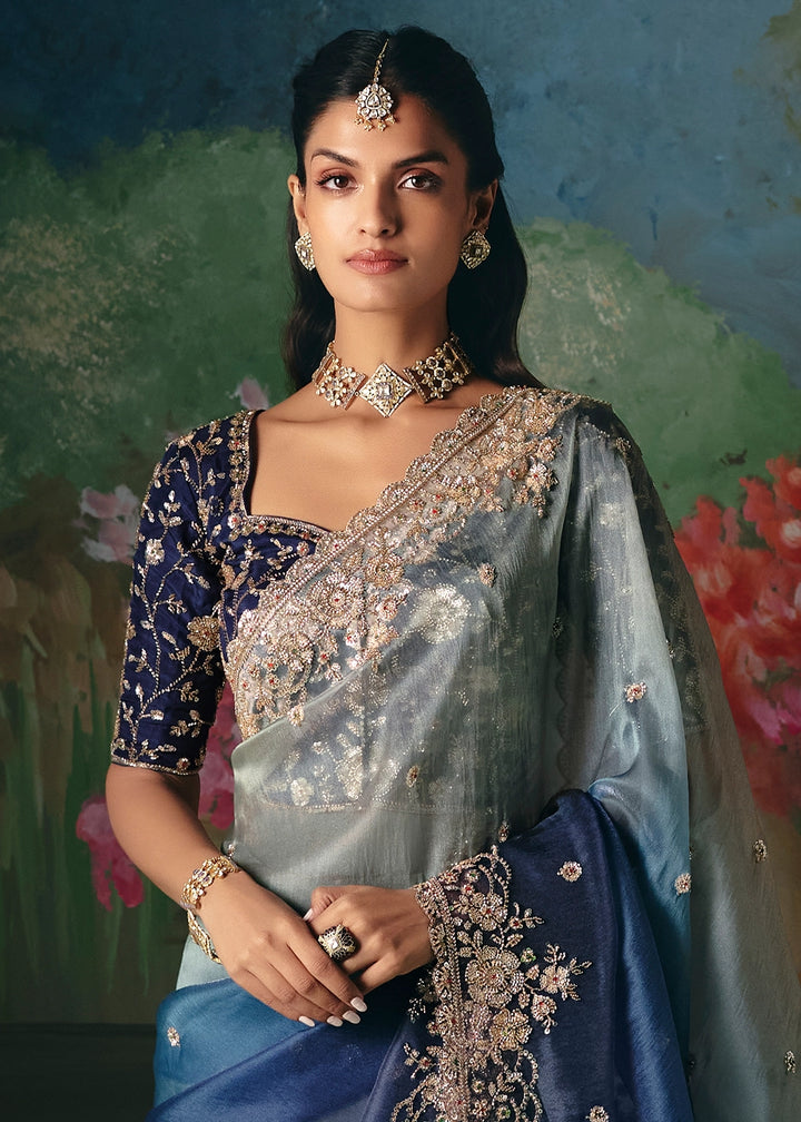 Shades Of Blue Designer Saree in Tissue Fabric with Hand Embroidery
