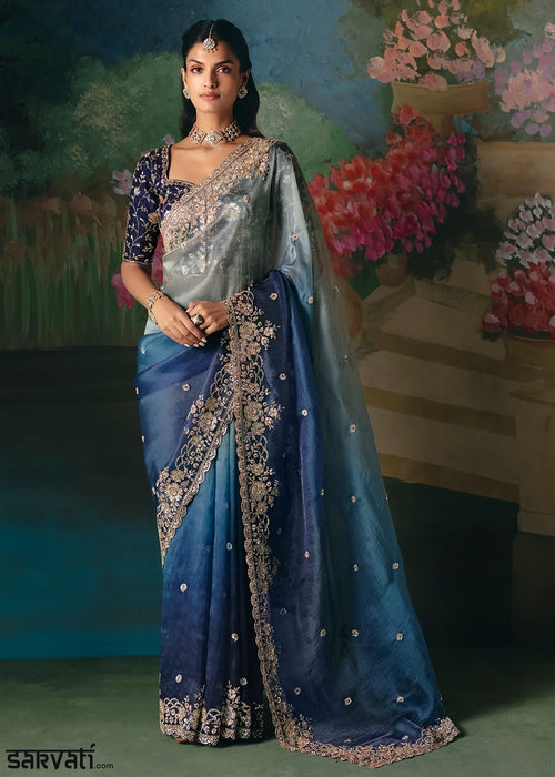 Shades Of Blue Designer Saree in Tissue Fabric with Hand Embroidery