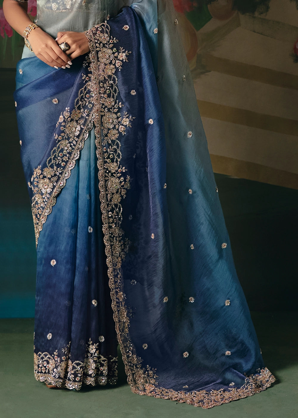 Shades Of Blue Designer Saree in Tissue Fabric with Hand Embroidery
