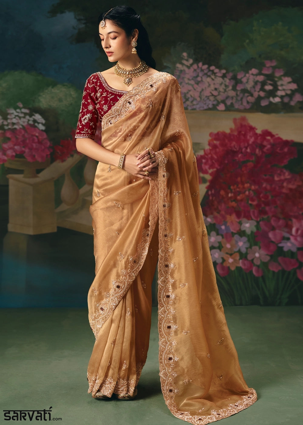 Light Brown Designer Saree in Tissue Fabric with Hand Embroidery