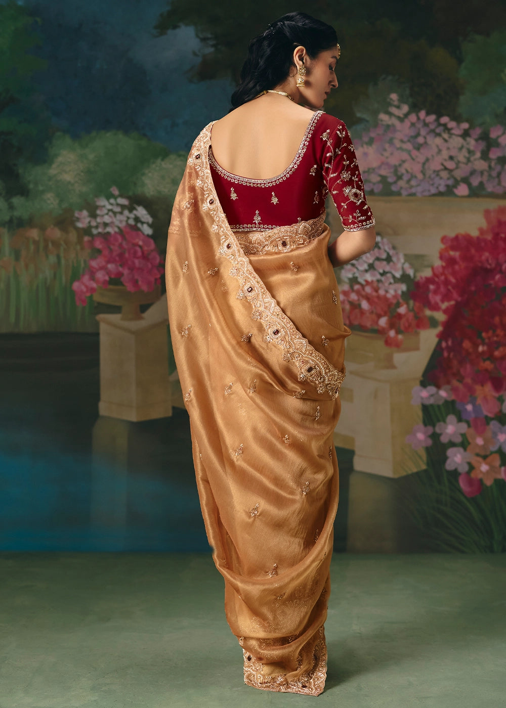 Light Brown Designer Saree in Tissue Fabric with Hand Embroidery