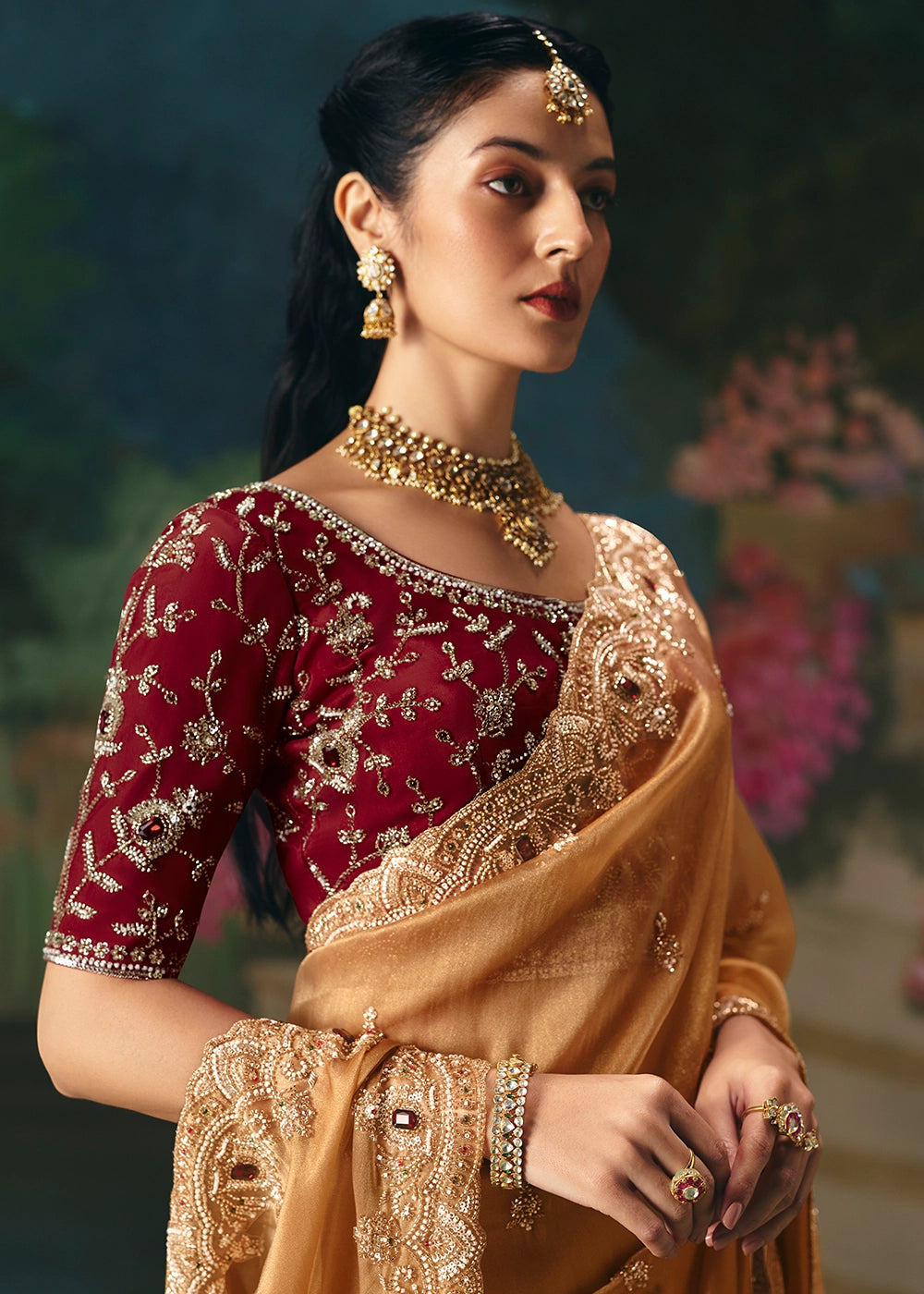 Light Brown Designer Saree in Tissue Fabric with Hand Embroidery