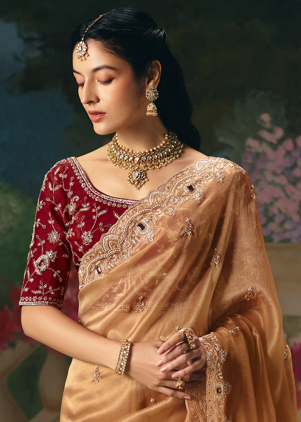 Light Brown Designer Saree in Tissue Fabric with Hand Embroidery