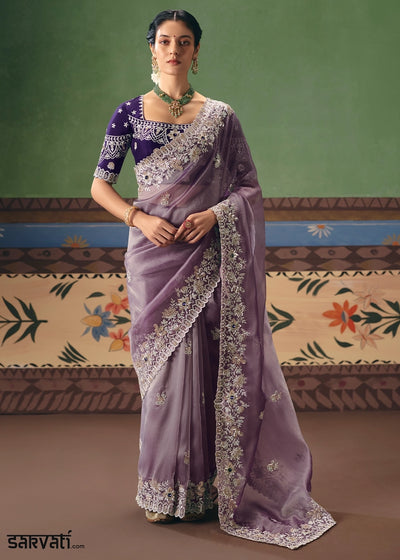 Wisteria Purple Designer Tissue Saree with Pearl & Sequin Work
