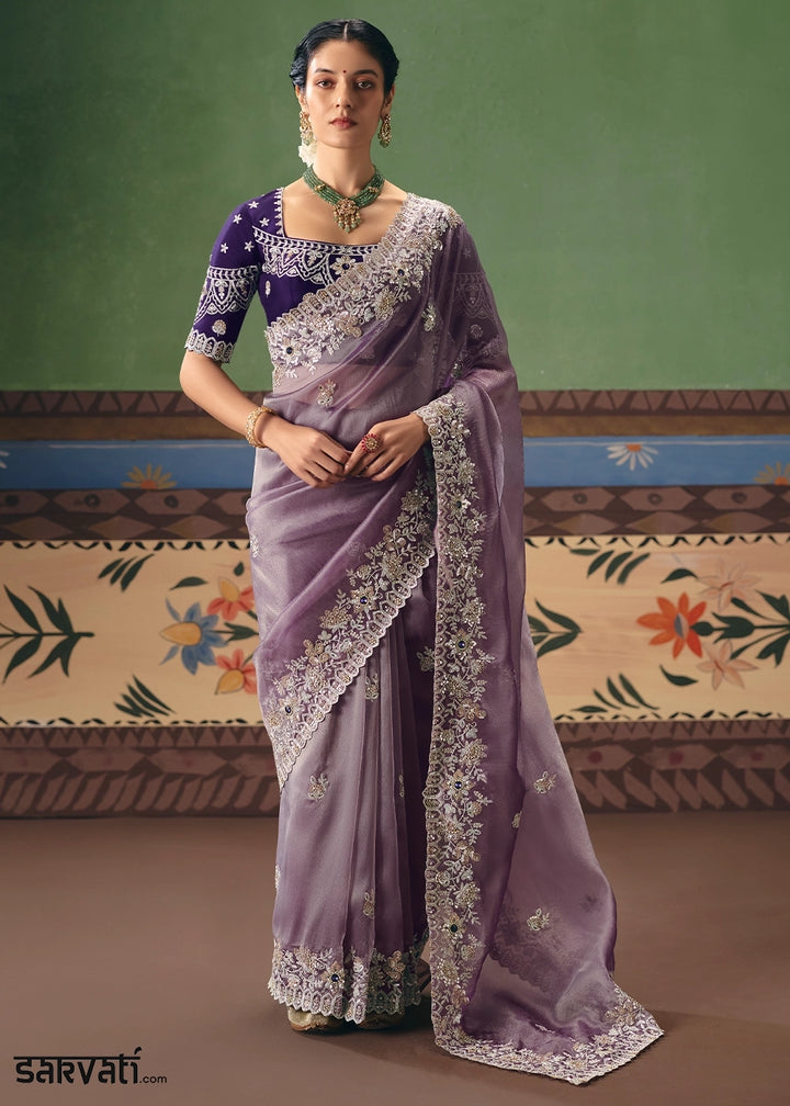 Wisteria Purple Designer Tissue Saree with Pearl & Sequin Work