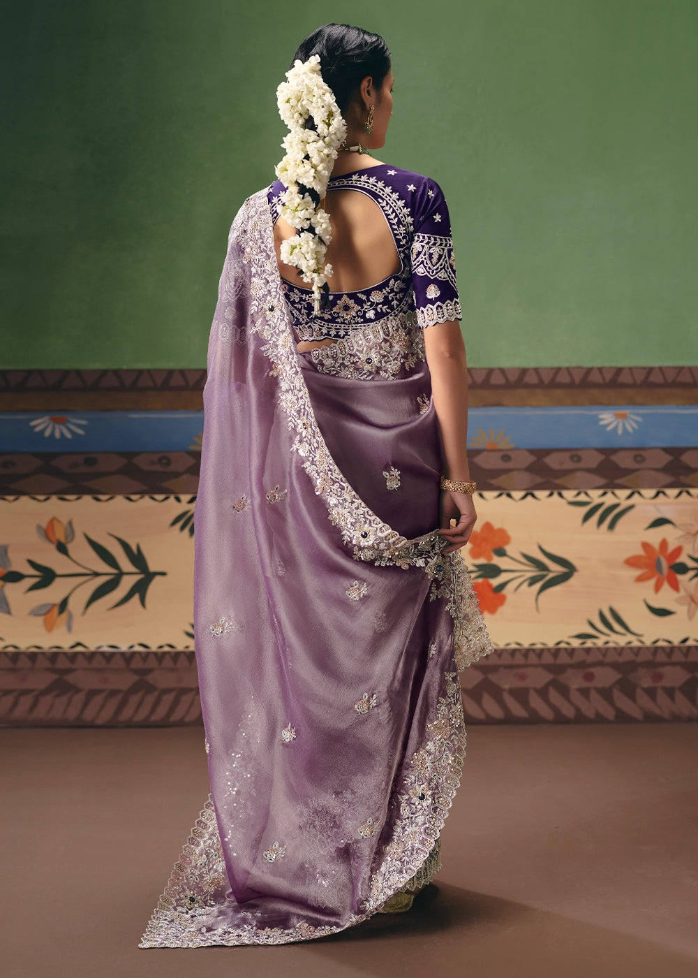 Wisteria Purple Designer Tissue Saree with Pearl & Sequin Work
