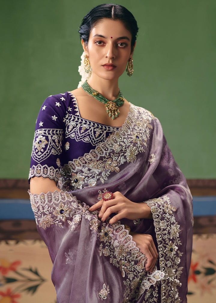 Wisteria Purple Designer Tissue Saree with Pearl & Sequin Work