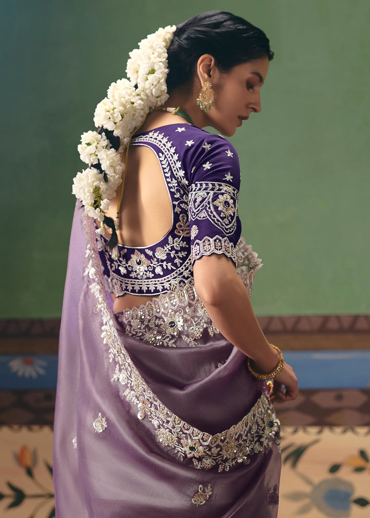 Wisteria Purple Designer Tissue Saree with Pearl & Sequin Work