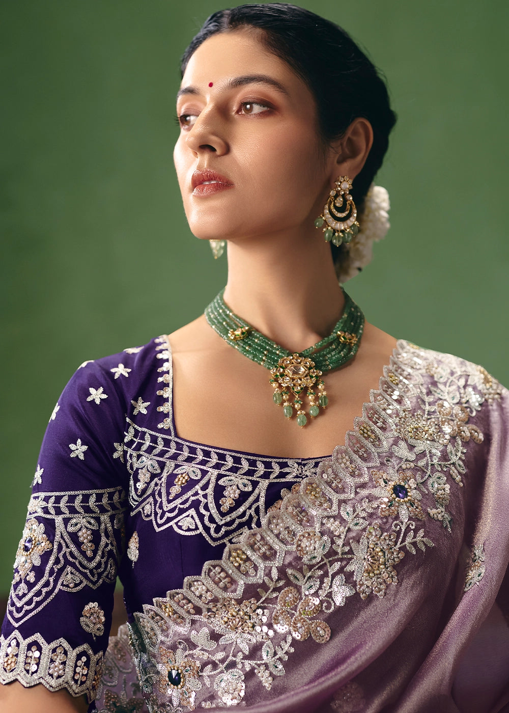 Wisteria Purple Designer Tissue Saree with Pearl & Sequin Work