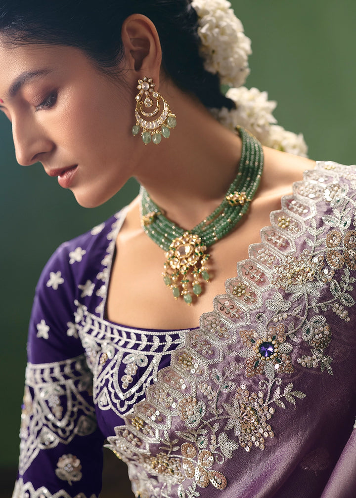 Wisteria Purple Designer Tissue Saree with Pearl & Sequin Work