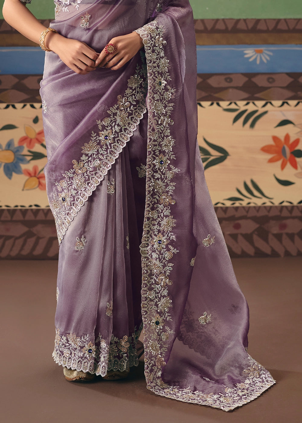 Wisteria Purple Designer Tissue Saree with Pearl & Sequin Work