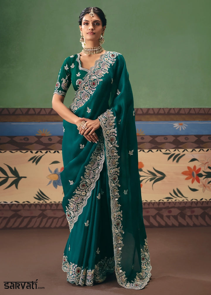 Sherpa Blue Green Designer Tissue Saree with Pearl & Sequin Work