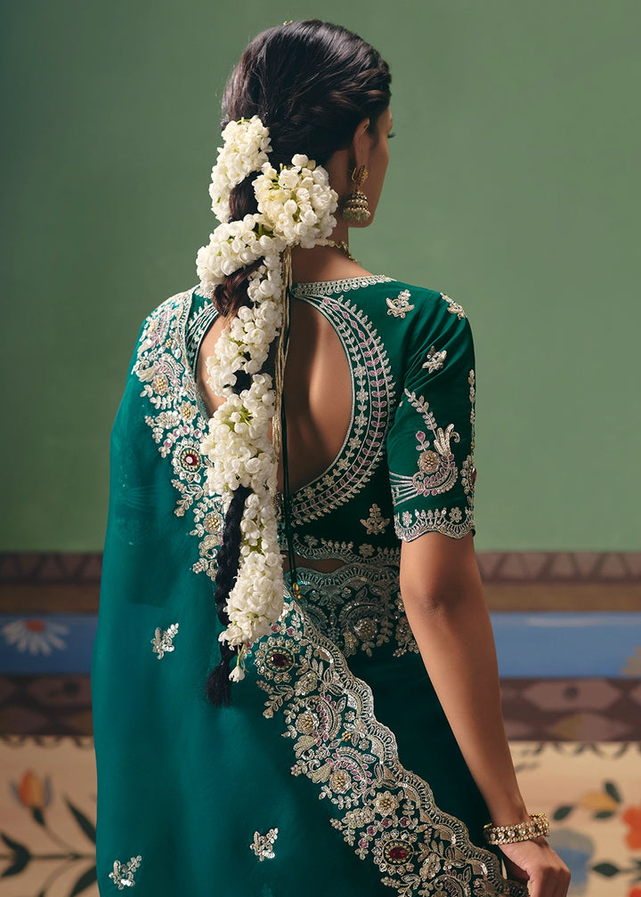 Sherpa Blue Green Designer Tissue Saree with Pearl & Sequin Work