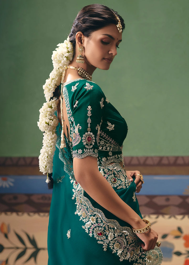 Sherpa Blue Green Designer Tissue Saree with Pearl & Sequin Work