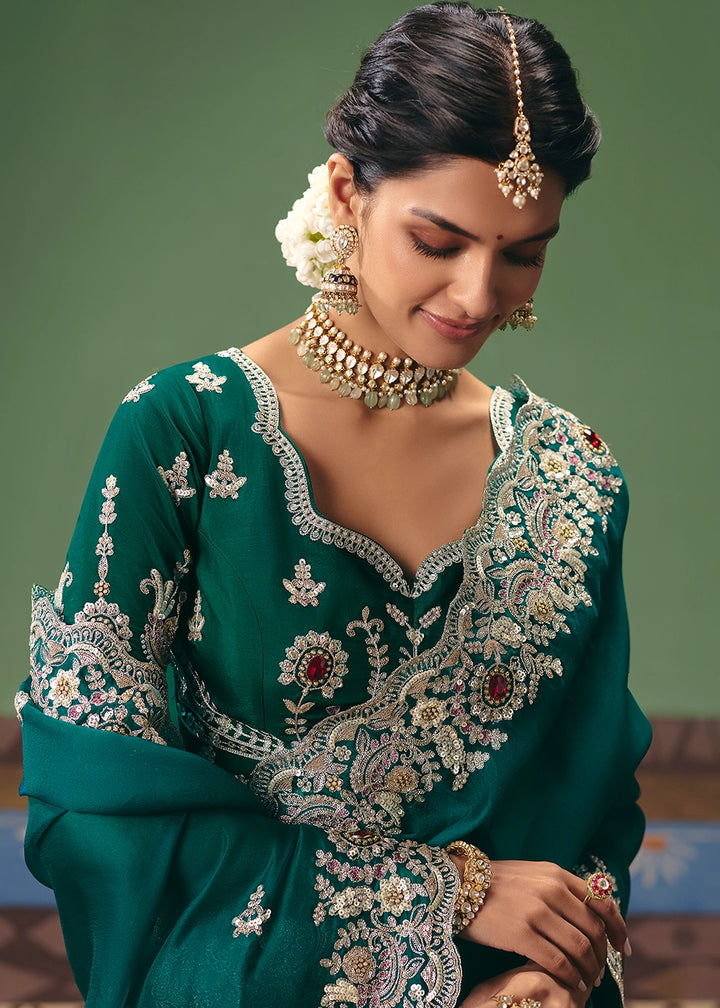 Sherpa Blue Green Designer Tissue Saree with Pearl & Sequin Work