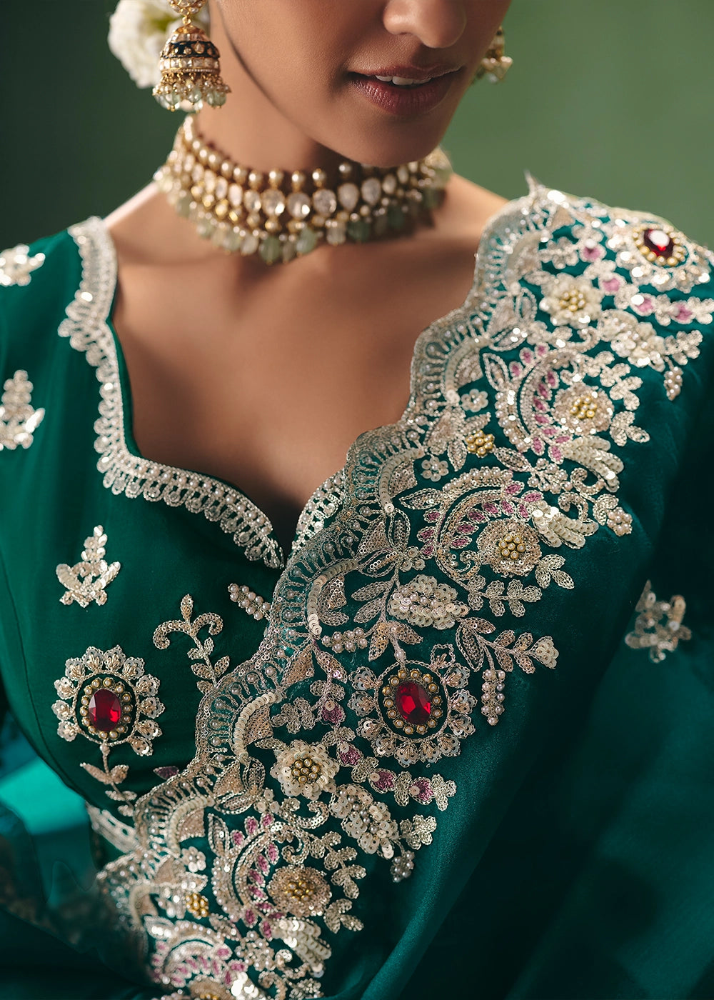 Sherpa Blue Green Designer Tissue Saree with Pearl & Sequin Work