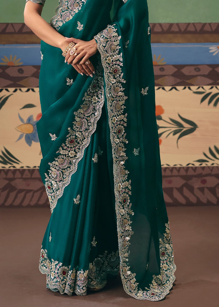 Sherpa Blue Green Designer Tissue Saree with Pearl & Sequin Work