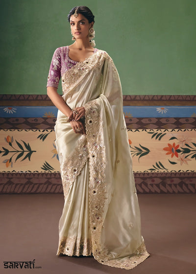 Cream White Designer Tissue Saree with Pearl & Sequin Work