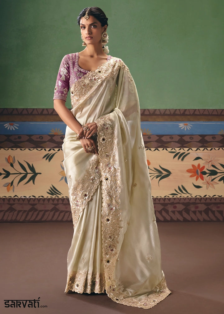 Cream White Designer Tissue Saree with Pearl & Sequin Work