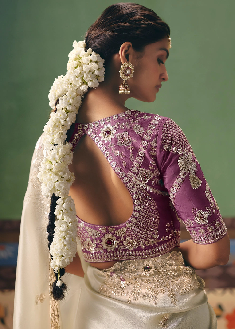 Cream White Designer Tissue Saree with Pearl & Sequin Work