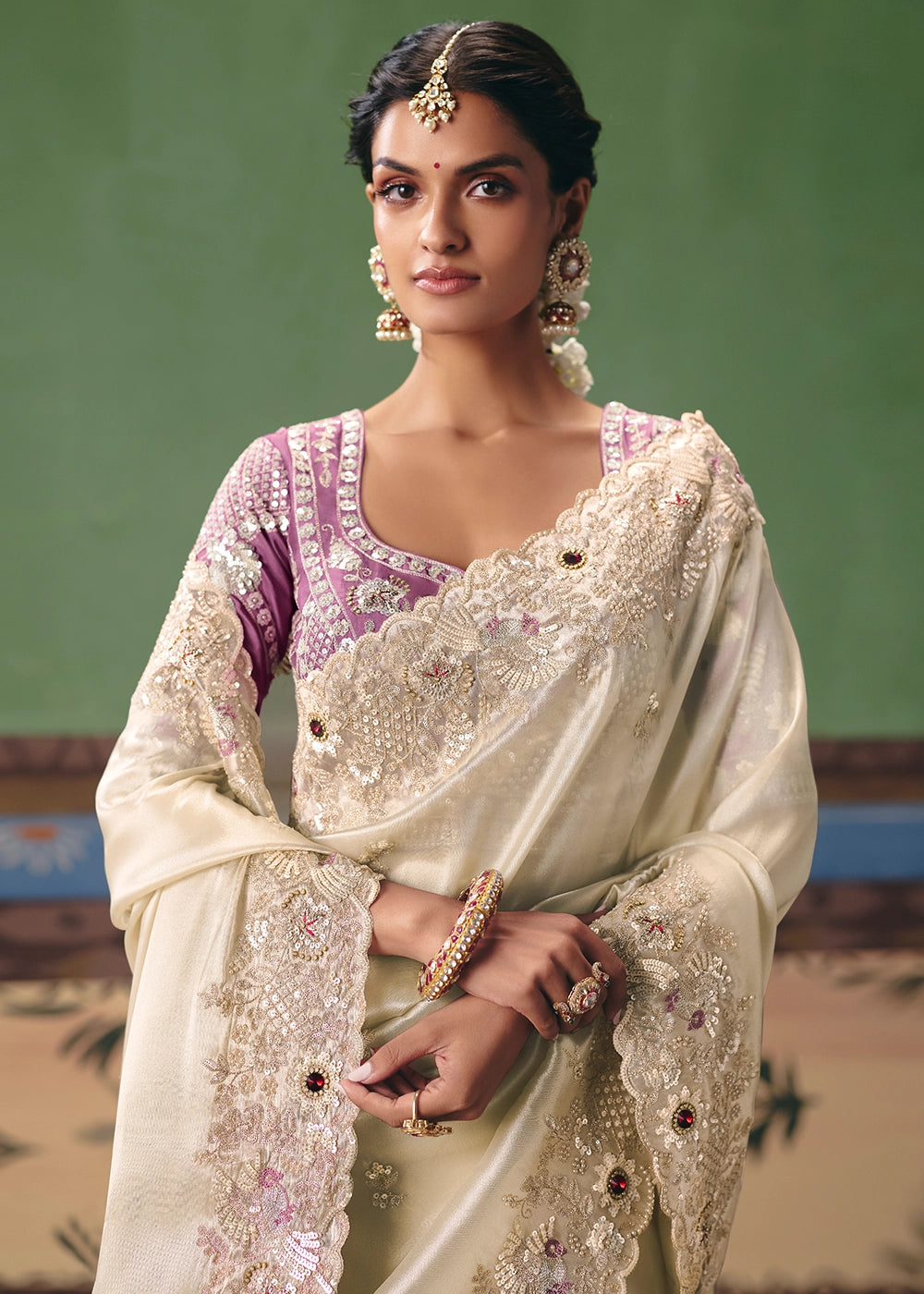 Cream White Designer Tissue Saree with Pearl & Sequin Work