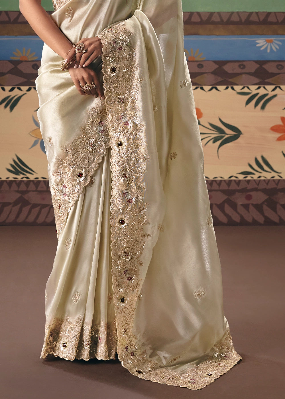 Cream White Designer Tissue Saree with Pearl & Sequin Work