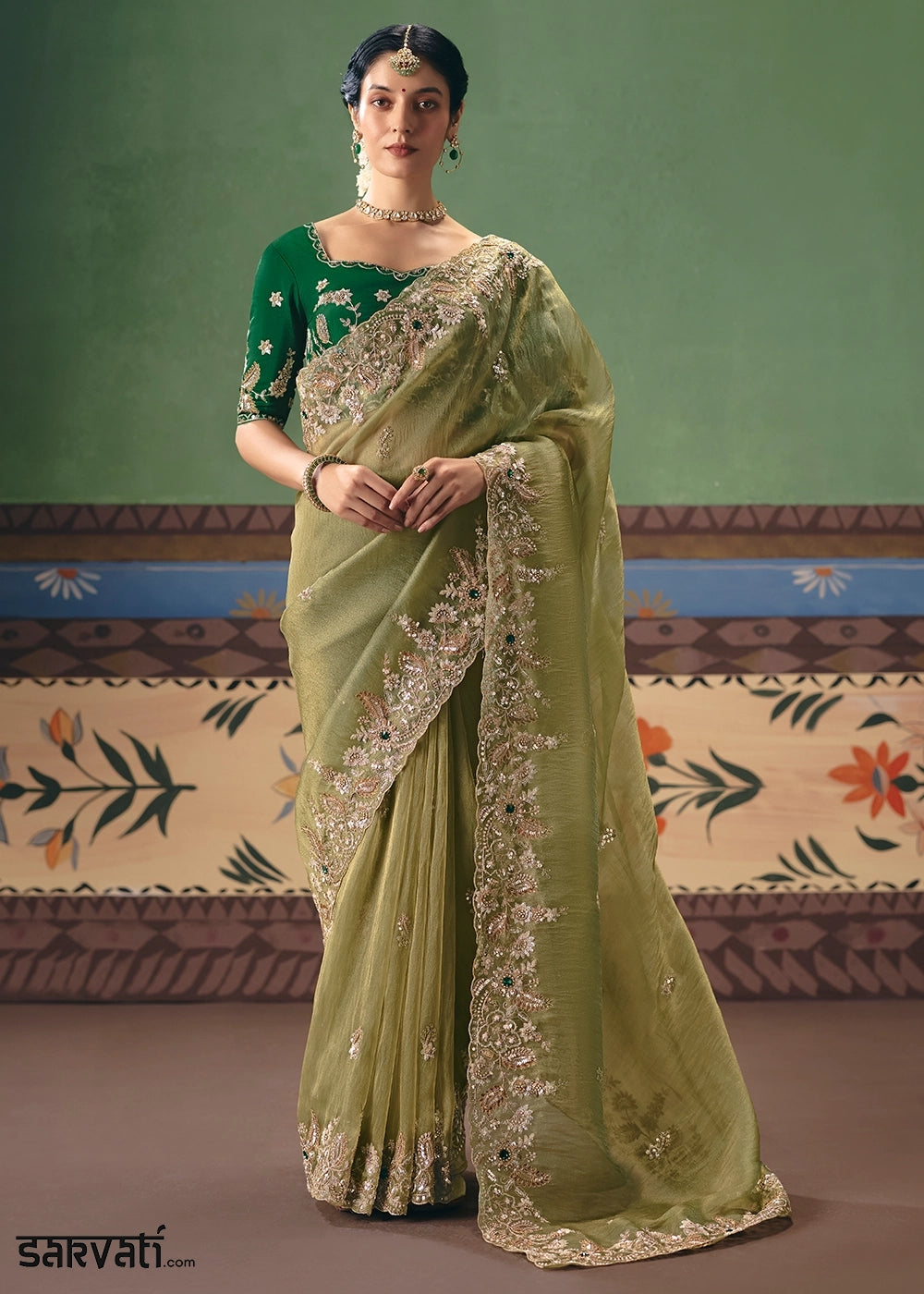 Light Olive Green Designer Tissue Saree with Pearl & Sequin Work