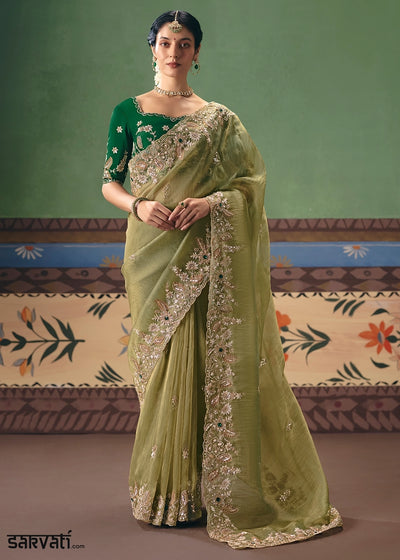 Light Olive Green Designer Tissue Saree with Pearl & Sequin Work