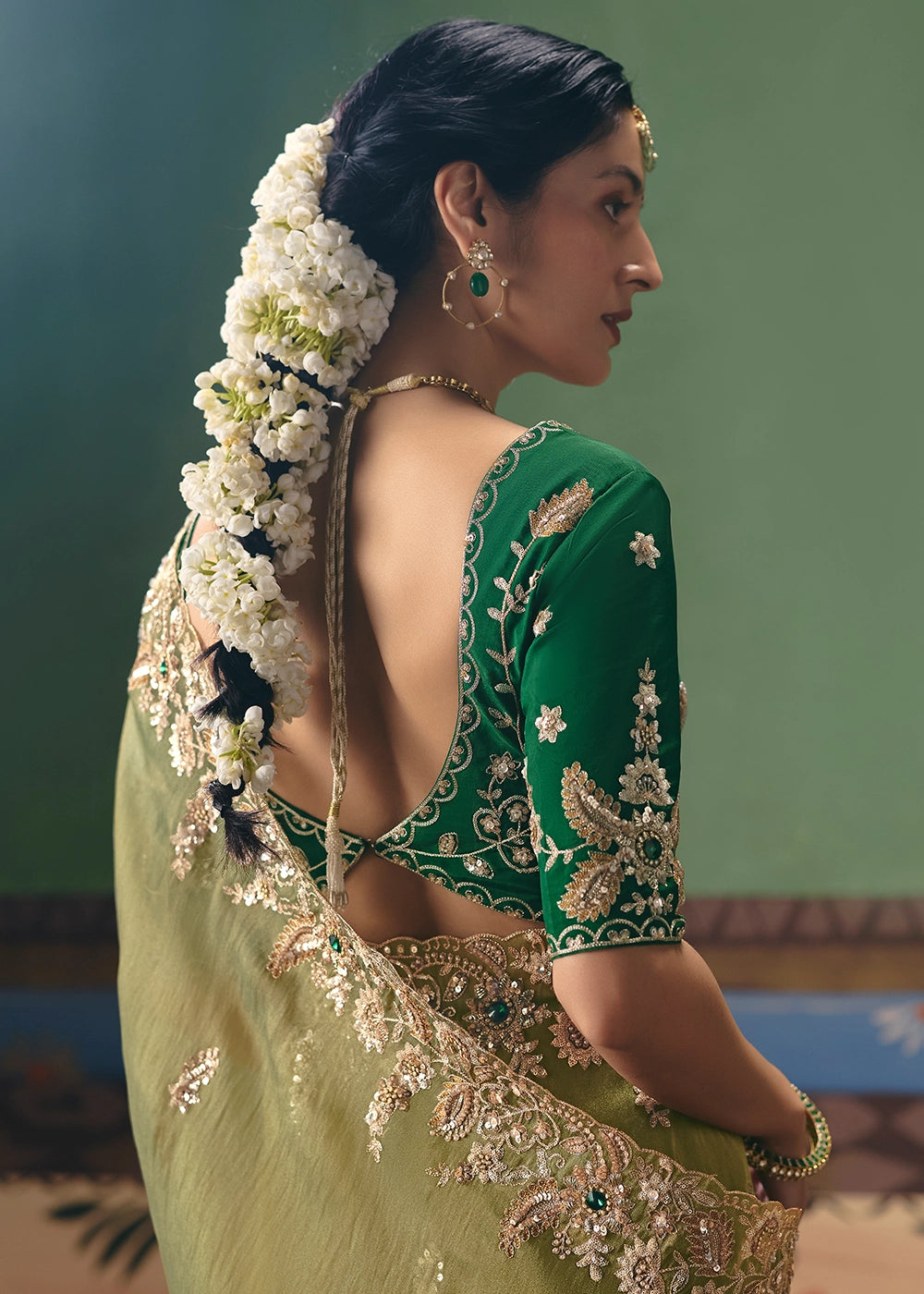 Light Olive Green Designer Tissue Saree with Pearl & Sequin Work