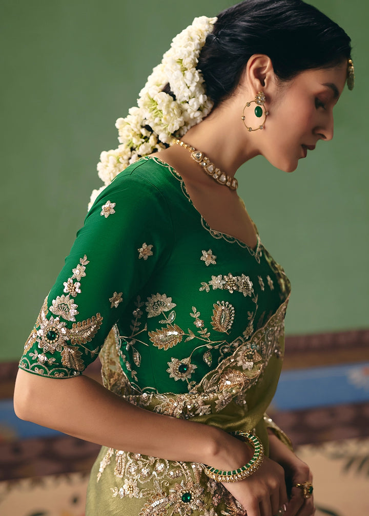 Light Olive Green Designer Tissue Saree with Pearl & Sequin Work
