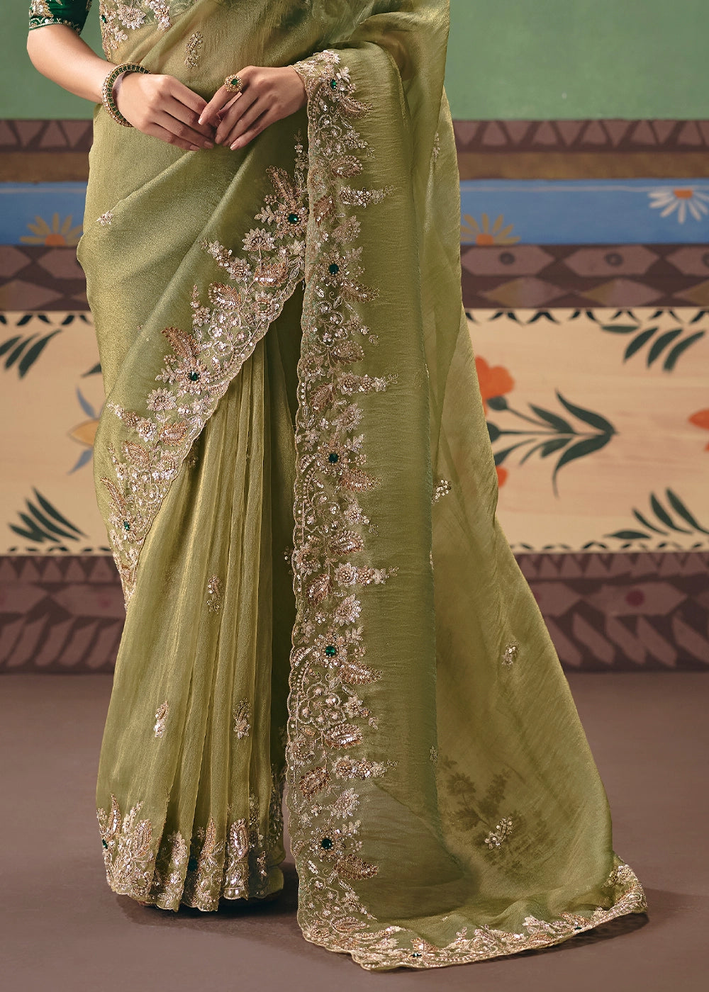 Light Olive Green Designer Tissue Saree with Pearl & Sequin Work