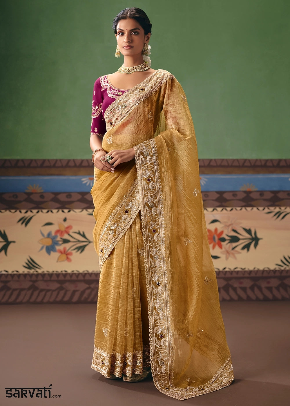 Mimosa Yellow Designer Tissue Saree with Pearl & Sequin Work