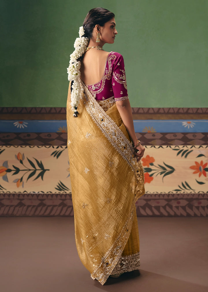 Mimosa Yellow Designer Tissue Saree with Pearl & Sequin Work