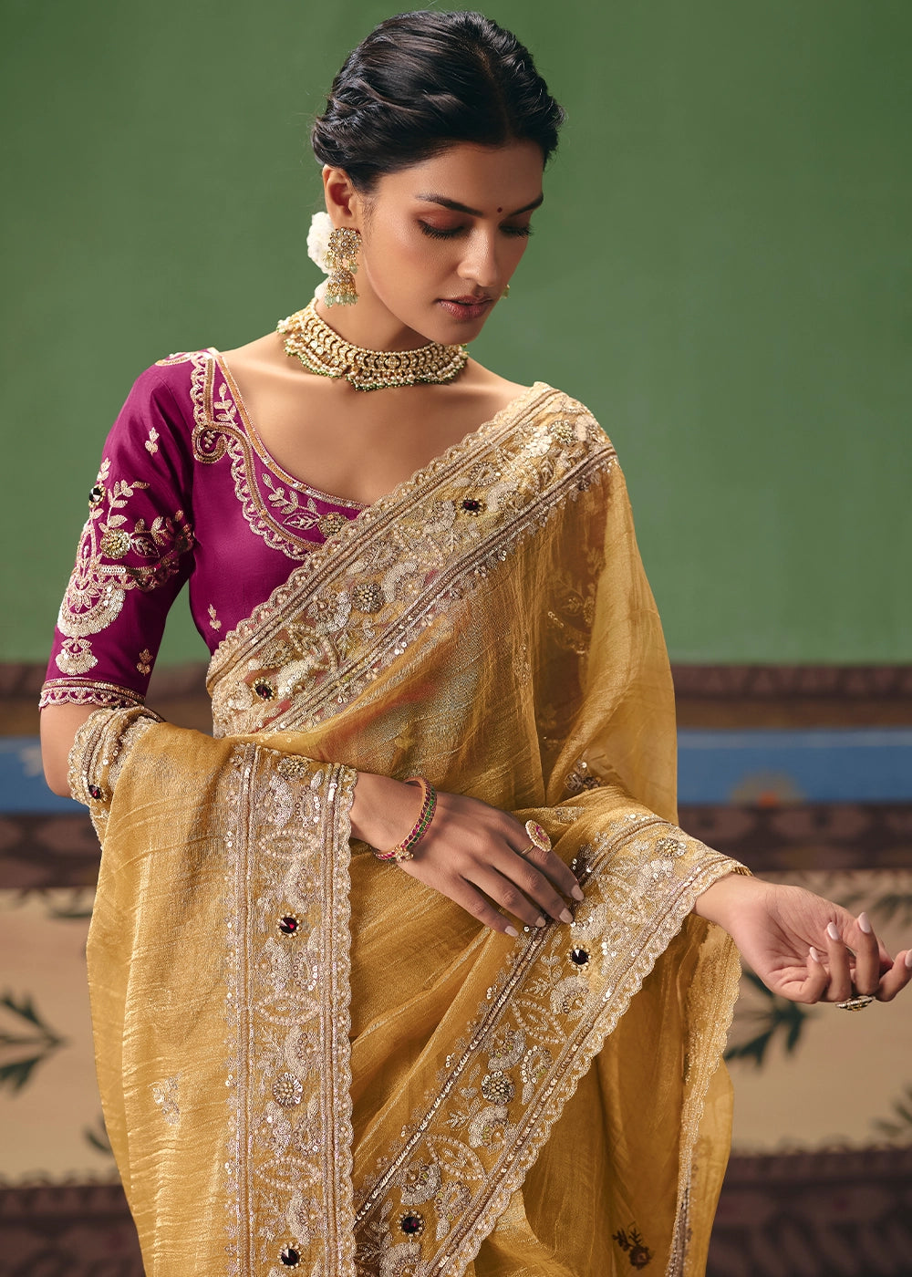 Mimosa Yellow Designer Tissue Saree with Pearl & Sequin Work