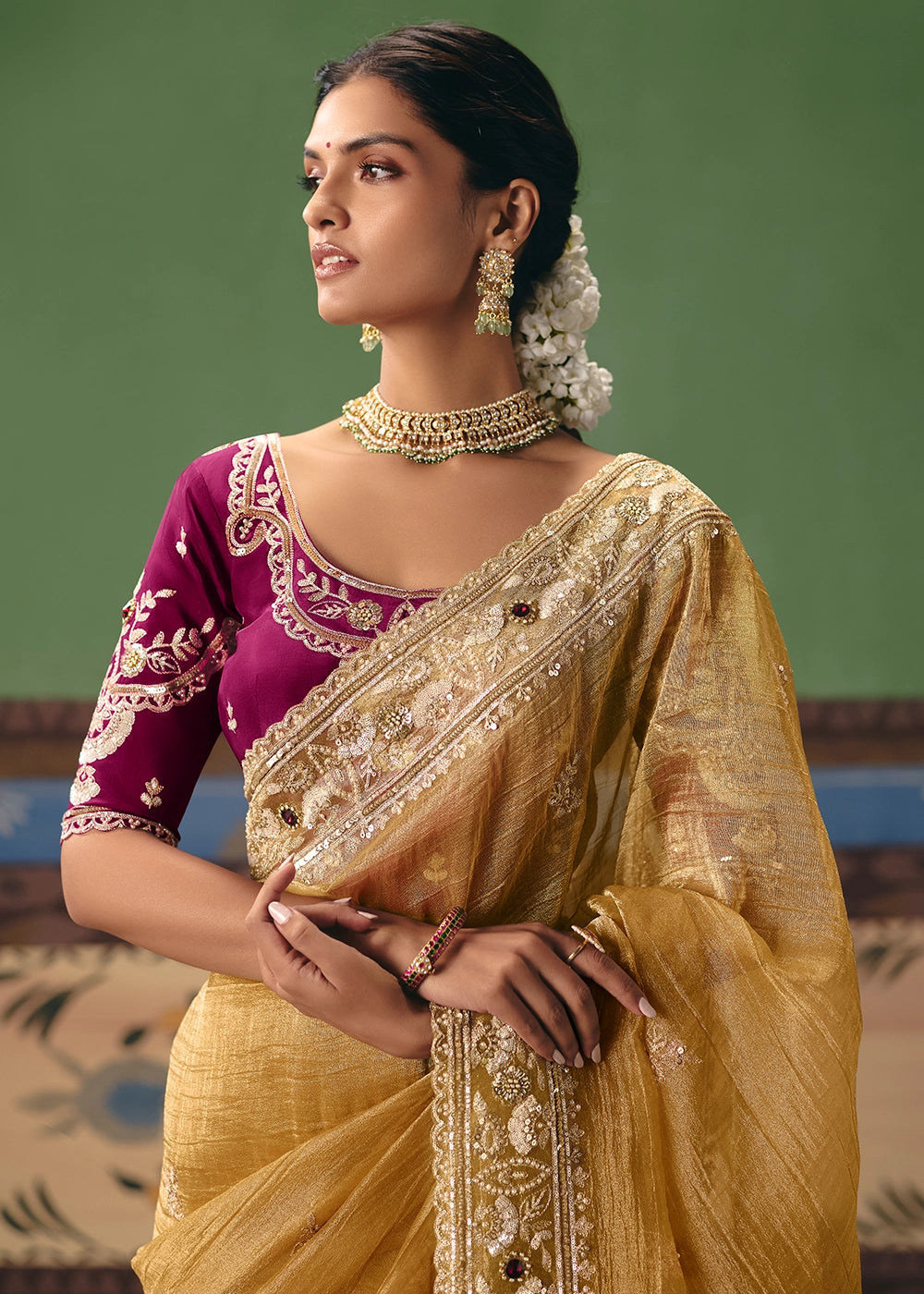 Mimosa Yellow Designer Tissue Saree with Pearl & Sequin Work