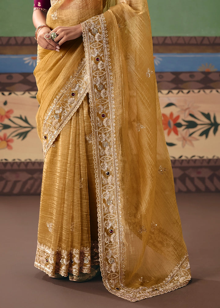 Mimosa Yellow Designer Tissue Saree with Pearl & Sequin Work