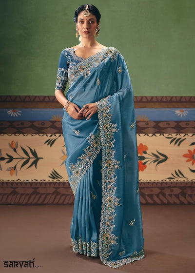 Azure Blue Designer Tissue Saree with Pearl & Sequin Work