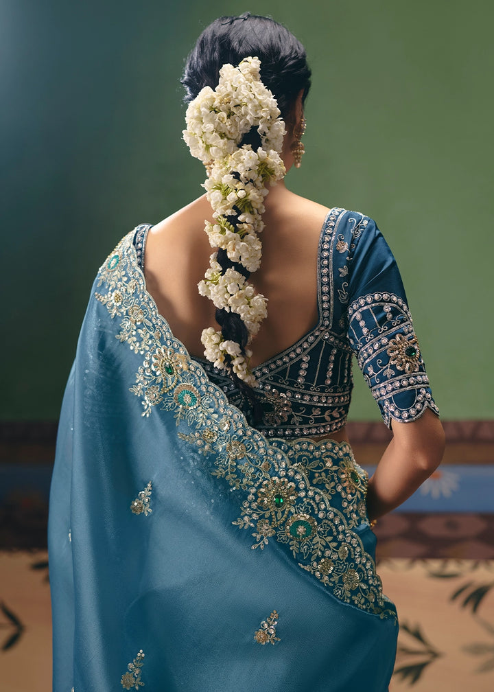 Azure Blue Designer Tissue Saree with Pearl & Sequin Work