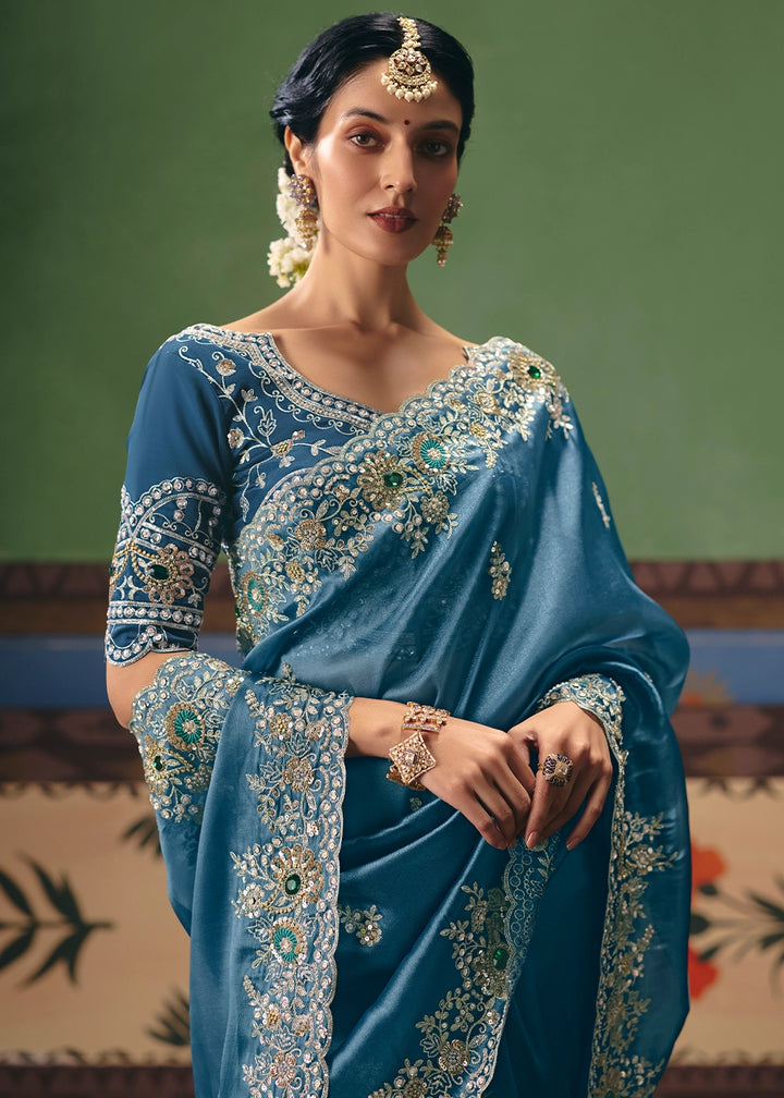 Azure Blue Designer Tissue Saree with Pearl & Sequin Work