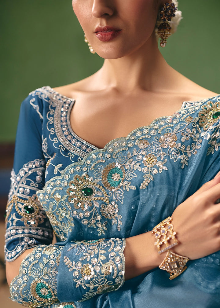 Azure Blue Designer Tissue Saree with Pearl & Sequin Work