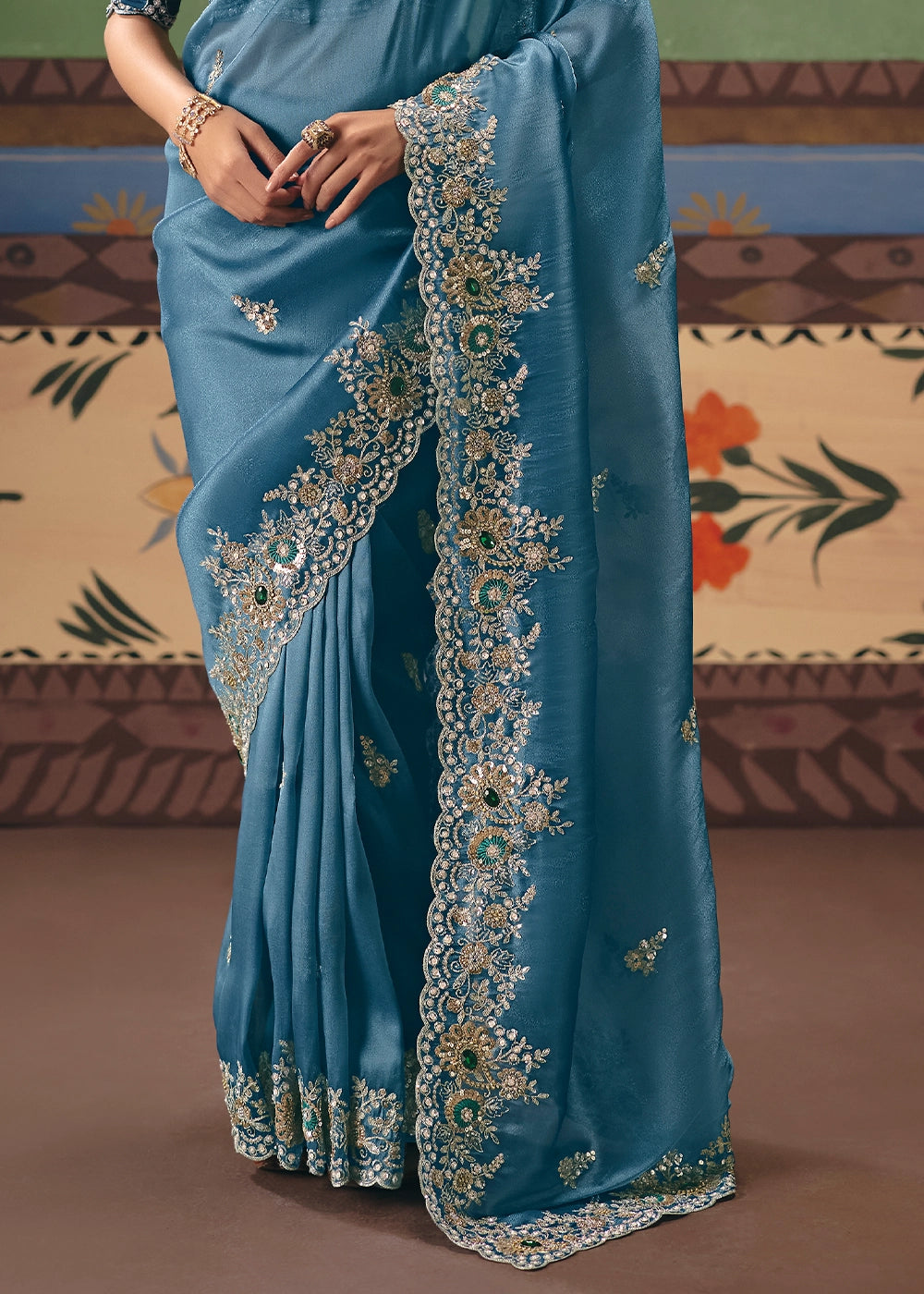 Azure Blue Designer Tissue Saree with Pearl & Sequin Work