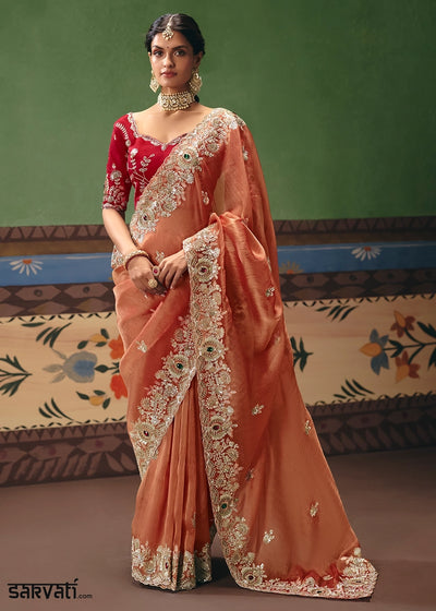 Blush Red Designer Tissue Saree with Pearl & Sequin Work