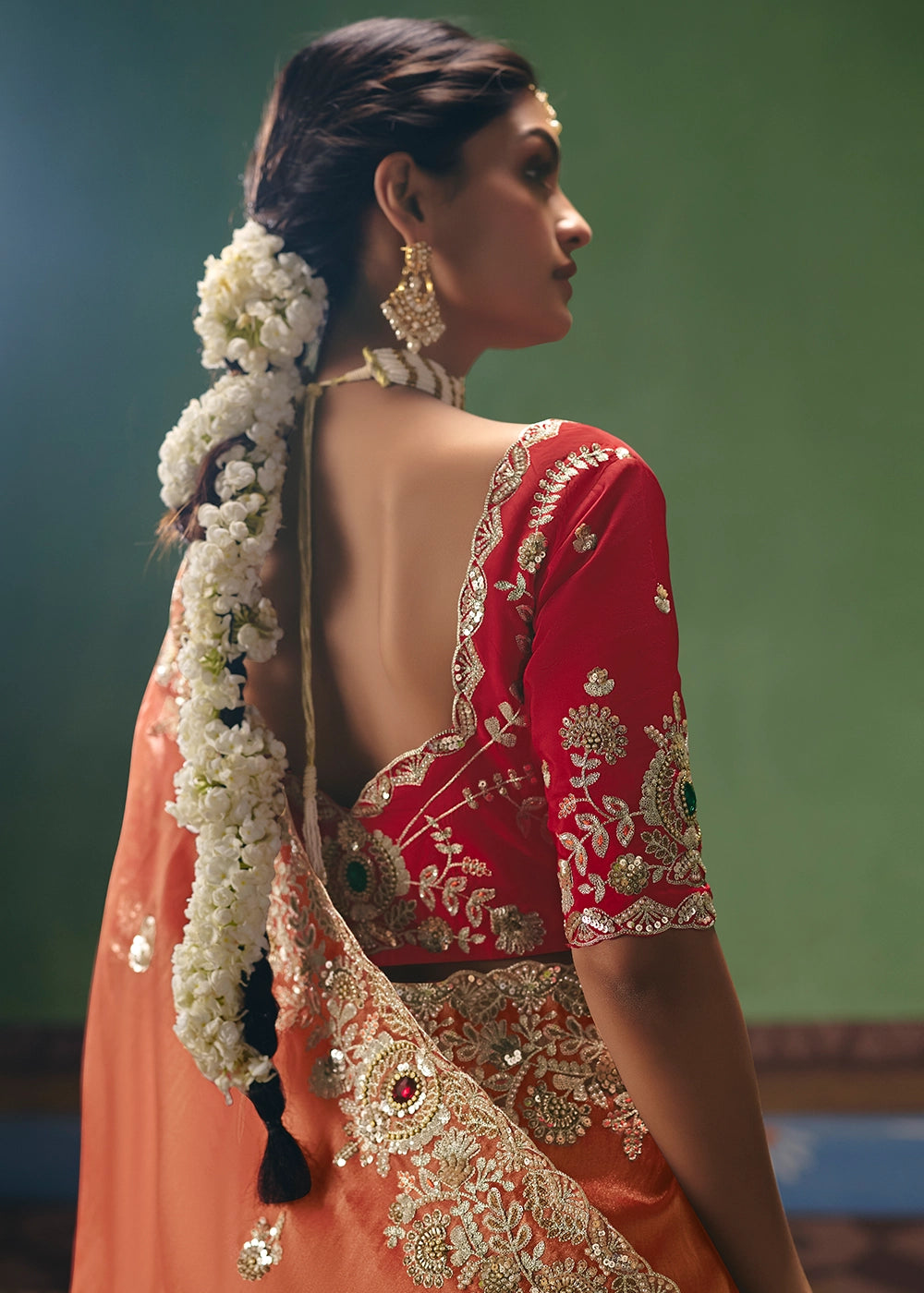 Blush Red Designer Tissue Saree with Pearl & Sequin Work