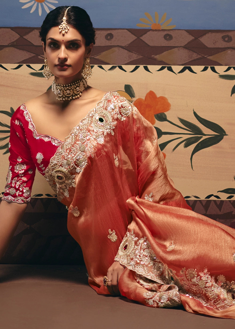 Blush Red Designer Tissue Saree with Pearl & Sequin Work