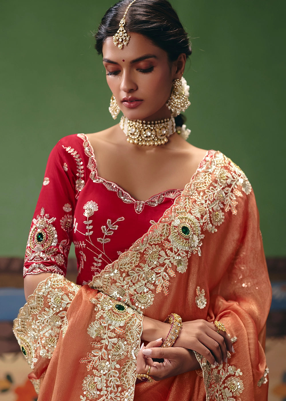 Blush Red Designer Tissue Saree with Pearl & Sequin Work