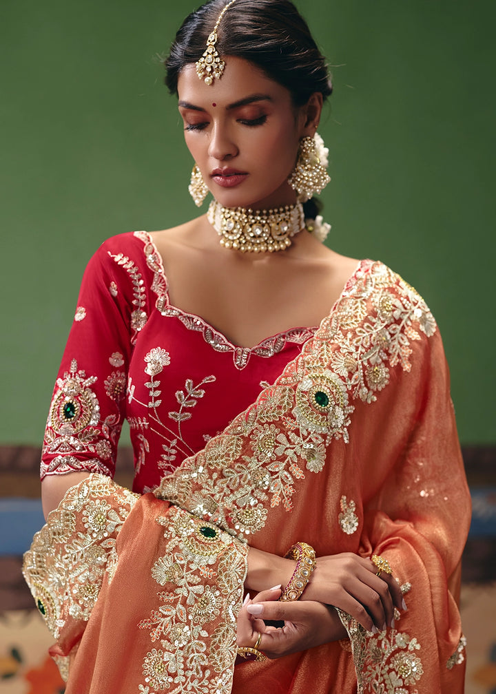 Blush Red Designer Tissue Saree with Pearl & Sequin Work